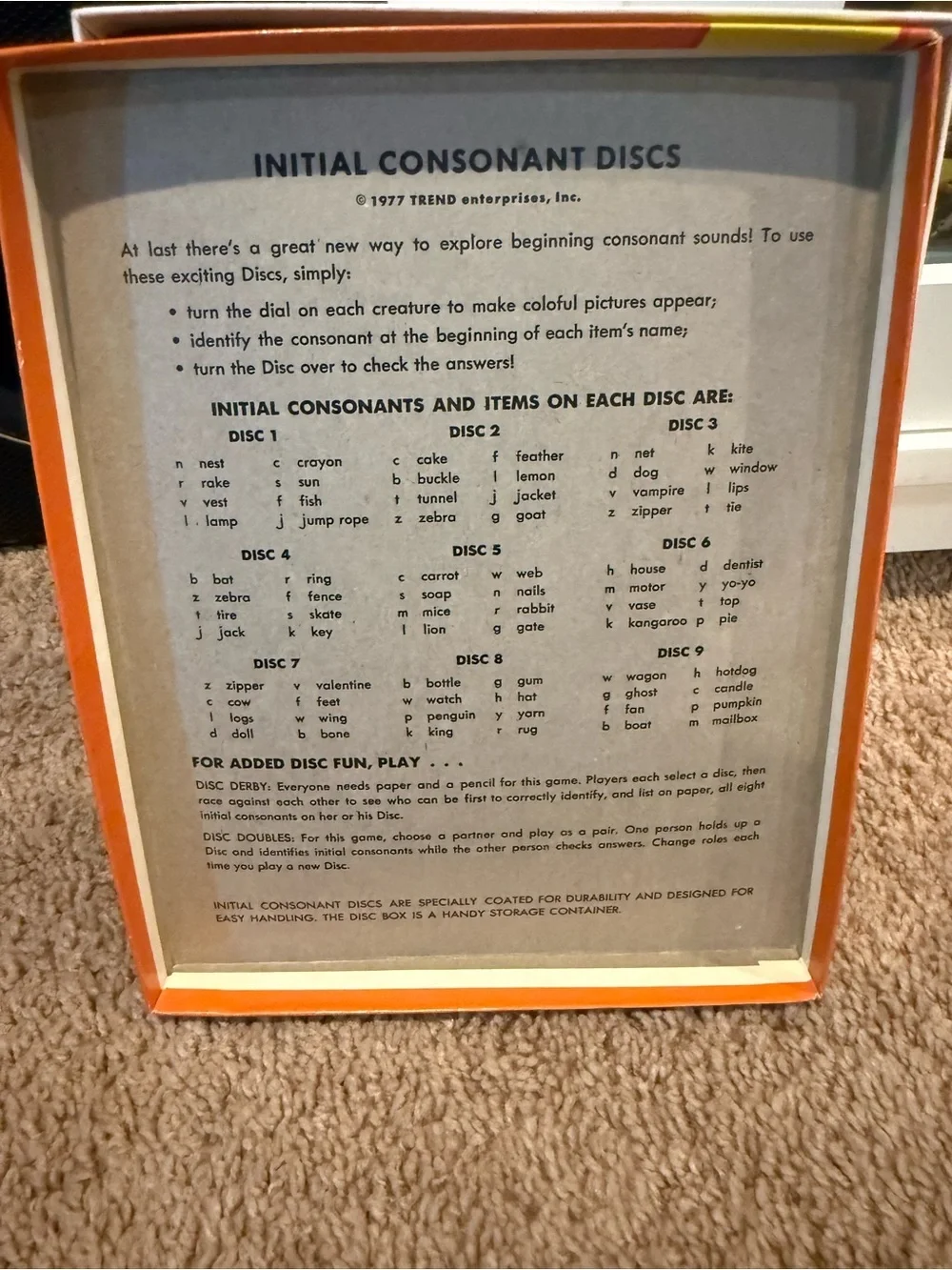 Vintage 1977 Trend Enterprises Initial Consonant Discs Learning Game